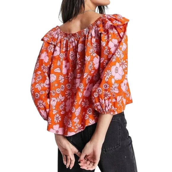 Free People Miss Daisy Floral Printed Pull On Off The Shoulder Smock Flowy Top - Picture 3 of 7